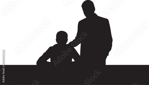 Silhouette of man and child sitting together on bench