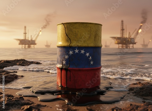 Cracked Oil Drum with Venezuelan Flag on Beach with Offshore Oil Rigs at Sunset