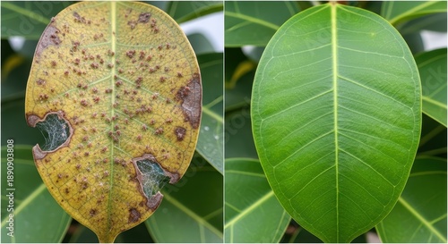 Comparison of Healthy Green Leaf Versus Diseased Yellow Leaf With Brown Spots And Holes In Close Up Macro Detail
