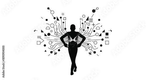 Silhouette of a person with abstract digital wings spreading outwards, symbolizing connection and innovation.