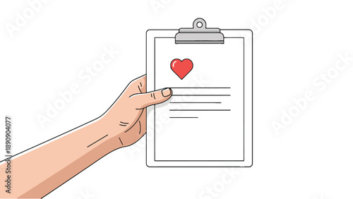 Hand holding a clinical medical report with heart symbol for cardiovascular health insurance and professional cardiology business management branding resources.