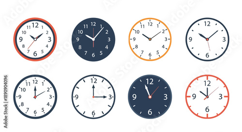 Collection of eight diverse analog clock faces displaying various times using different color schemes and design styles perfect for time management concepts
