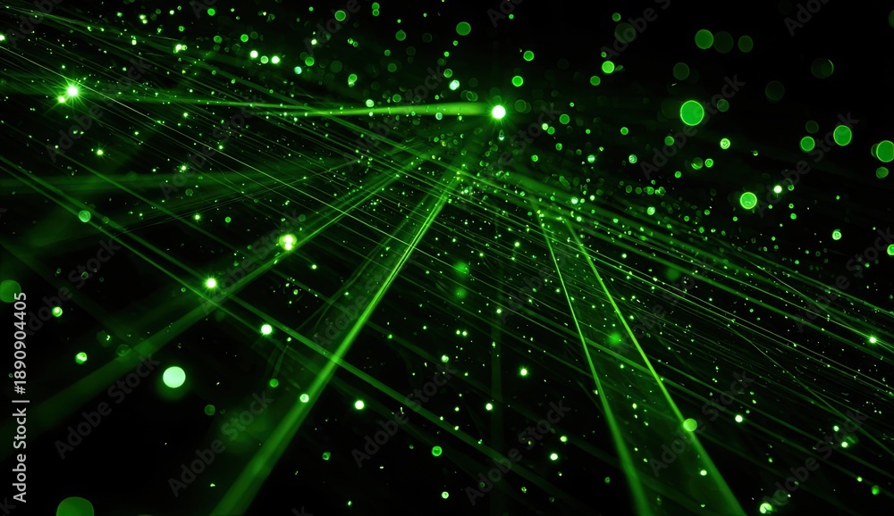 Fototapeta premium Abstract green laser grid with glowing particles and bokeh