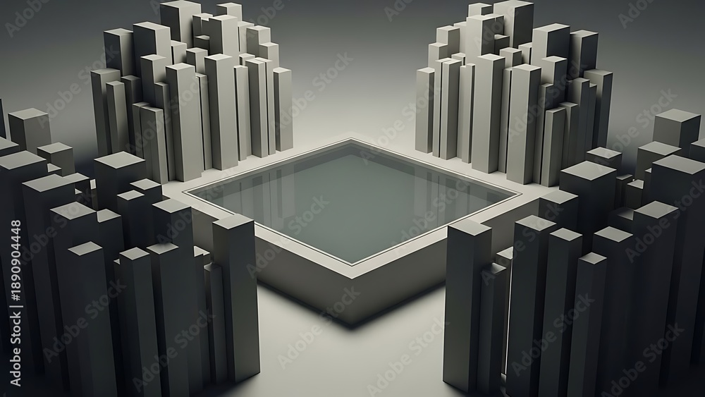 Obraz premium Modern Urban Skyscrapers Surrounding Reflective Infinity Pool in Minimalist Architectural Design