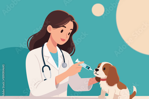 Illustration Of A Female Veterinarian Carrying An Injection To Be Administered To A Dog Vector Design Template