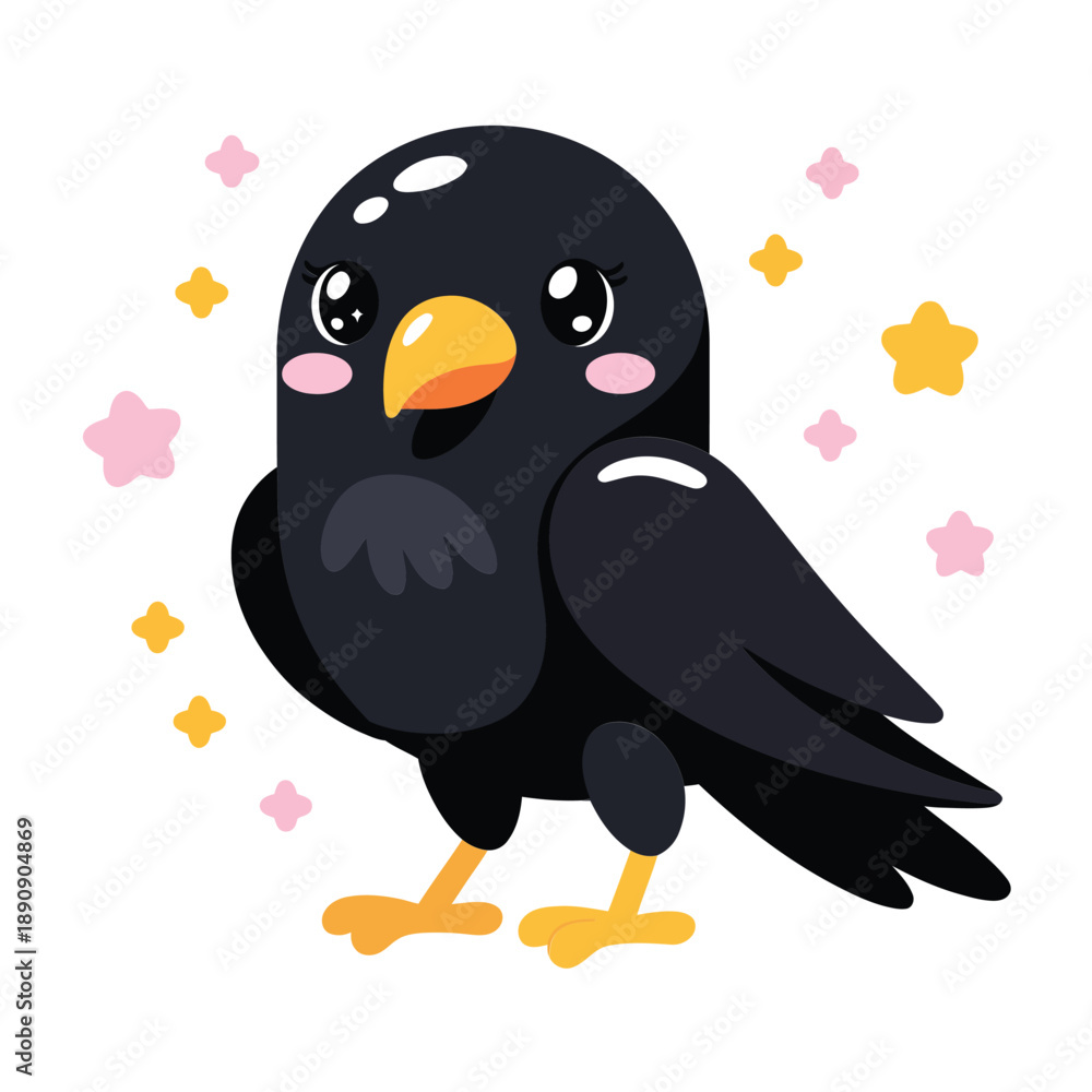 Obraz premium Kawaii crow bird with hearts, spring garden festival mascot, birdwatching club meetup poster, nature education session branding vector graphic
