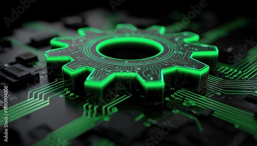Neon green gear on circuit board, intricate connections, glowing technology
