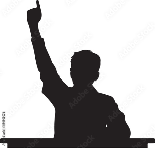 Silhouette of person raising arm with index finger pointing up