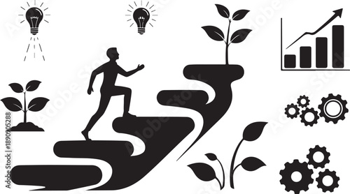 Businessman climbing stairs to success with growing plants nearby