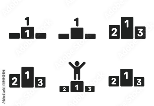 A collection of black and white silhouette icons of winner podiums and first-place achievement, clean vector graphics for awards, competitions, sports branding, and success concepts.