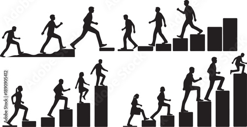 Business People Climbing Up Steps to Success Together Silhouette