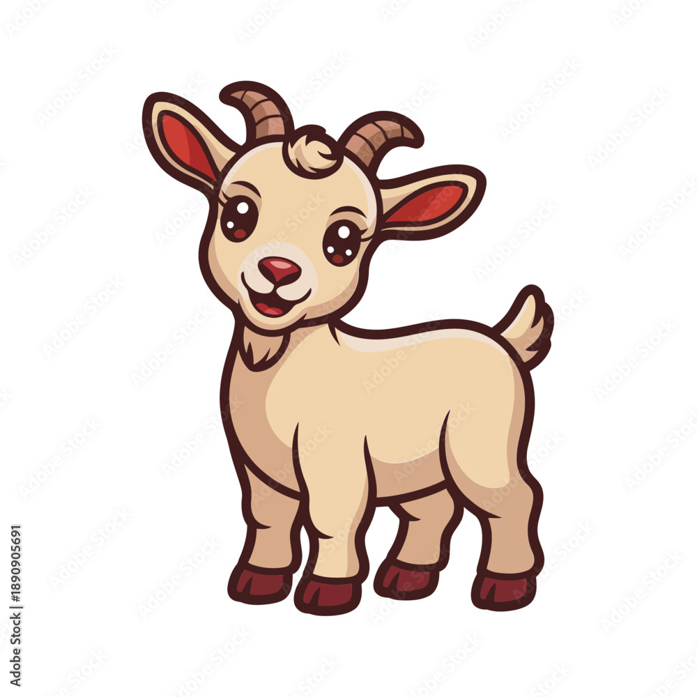 Fototapeta premium Baby goat cute cartoon, farm springtime character, petting zoo day, kids birthday decor, nursery art, agriculture fair mascot, vector illustration