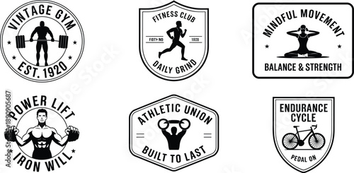 Black and white vector logo set featuring vintage gym emblems with weightlifting bodybuilding running yoga and cycling for fitness club and athletic branding