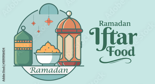 Ramadan iftar food celebration with traditional lanterns and a bowl of dates