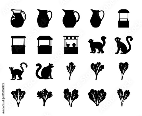 Vector icons of lemonade pitchers, market stalls, lemurs, and lettuce