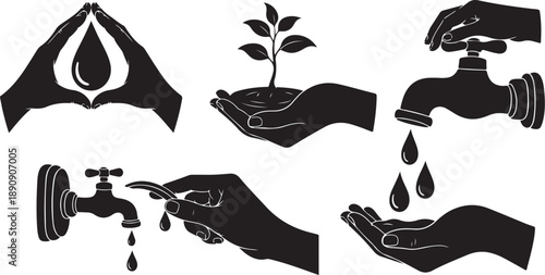 Water Conservation Icons for Sustainable Living and Ecology Concepts