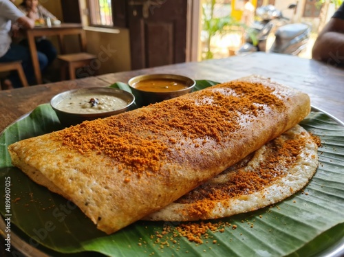 Golden Masala Dosa Served With Sambar And Chutney On Banana Leaf