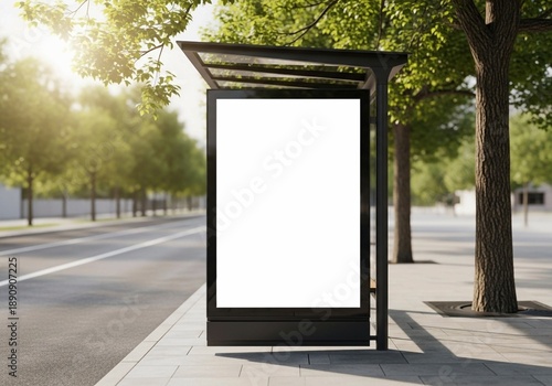 Blank vertical billboard mockup on city bus stop shelter at sunny street