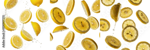 Obraz  z motywem Flying yellow lemon slices with water splashes isolated on white background, fresh citrus fruit segments pattern