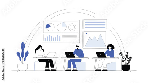 Modern office interior with people working on laptops graphs and charts on screens