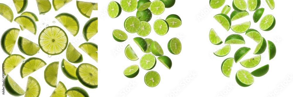 Ταπετσαρία Flying fresh lime slices and halves isolated on white background, creative float