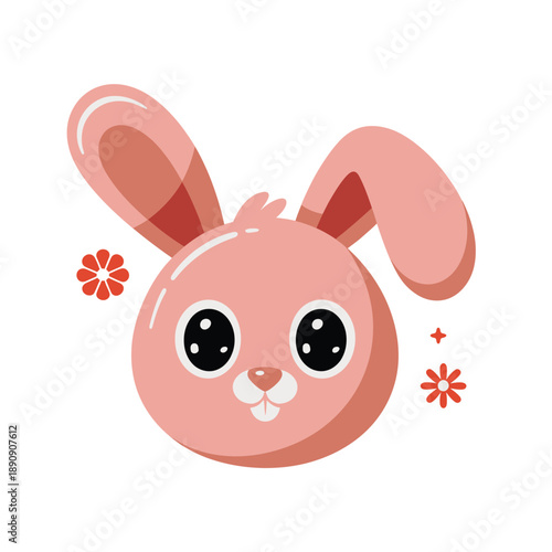 Pink bunny face with rosy cheeks and flower, cute easter rabbit vector for baby shower, nursery print, spring party design