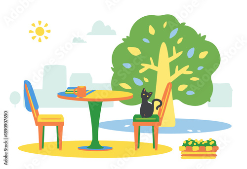 屋外カフェテーブルとねこ