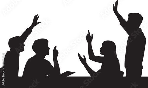 Silhouettes of people raising hands in a classroom setting