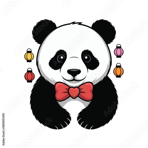 Cute panda in bow tie, valentines gala mascot icon, charity dinner invitation element, photo booth session sticker, romantic celebration vector