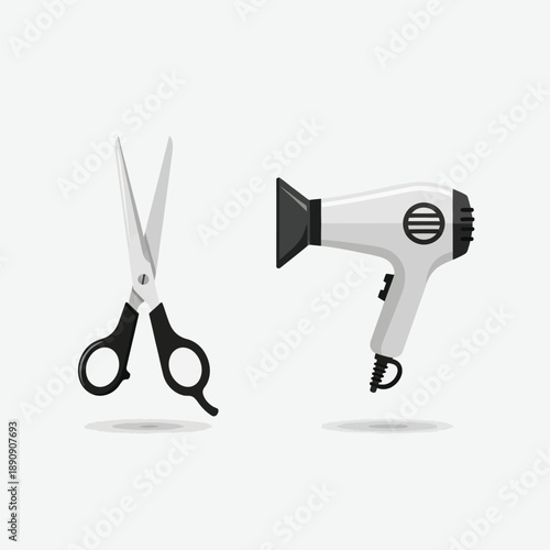 Scissors and hair dryer for grooming and styling Vector, illustration