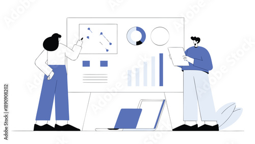 Colleagues in office reviewing business data on whiteboard and laptop screens together