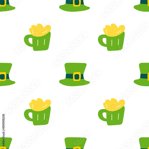 Beer Mug and Leprechaun Hat Flat Seamless Pattern, Colorful St. Patrick's Day Party Background