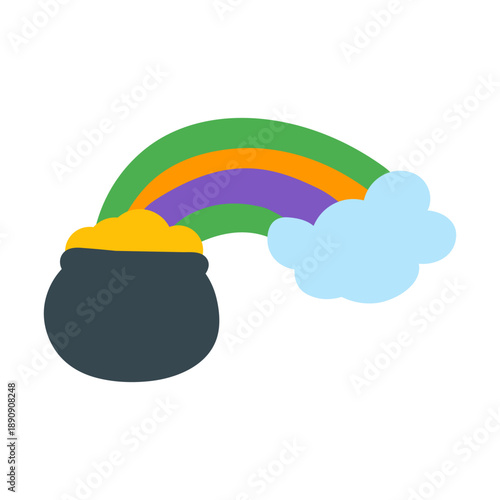 Pot of Gold with Rainbow Flat Icon, Happy Kids St. Patrick's Day Lucky Symbol, Colorful Minimalist Design