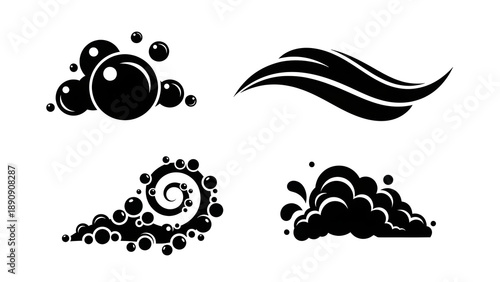 Stylized Liquid Splash and Bubble Wave Icons for Cleaning Products and Water Concepts