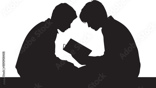Two silhouettes reading a book together two people