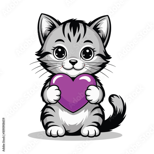 Valentines kitten with purple heart, pet adoption fair poster element, animal shelter fundraiser badge, childrens craft session sticker vector