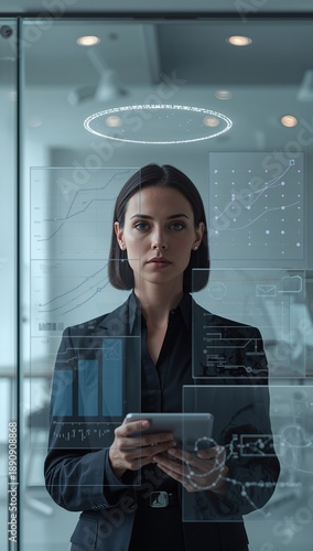 Businesswoman analyzing financial charts on digital futuristic transparent screen