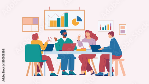 Diverse team collaborating on project with laptops and graphs on screen in meeting room