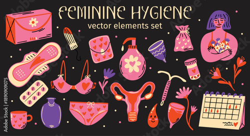 Feminine hygiene vector sticker elements set. Collection of cute groovy funky cartoon illustration of menstrual cup, pads, tampon, period calendar, cycle, woman health, female self care