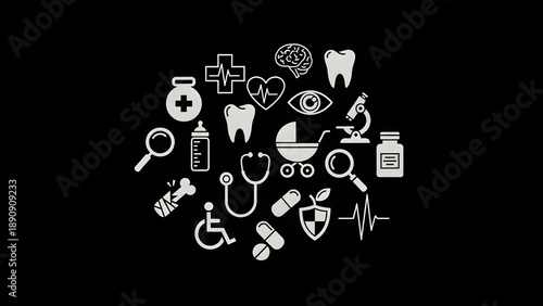 Comprehensive Medical and Healthcare Icon Collection on Black Background