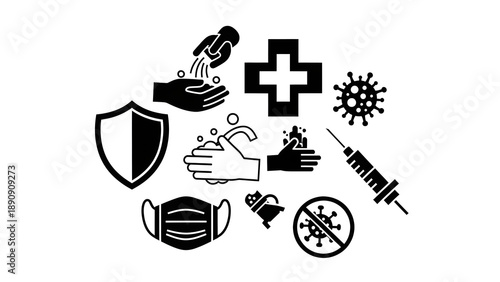 Prevention and Hygiene Icons featuring Hand Washing Mask Vaccine and Shield Symbols