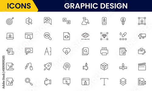 Graphic design web icons set in duotone outline stroke design. Pack pictograms with color palette, content, freelance, print, painting, brainstorm, portfolio, creative idea, tool. Vector illustration.