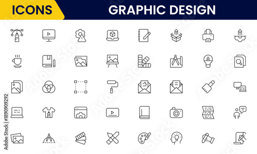 Graphic design web icons set in duotone outline stroke design. Pack pictograms with color palette, content, freelance, print, painting, brainstorm, portfolio, creative idea, tool. Vector illustration.