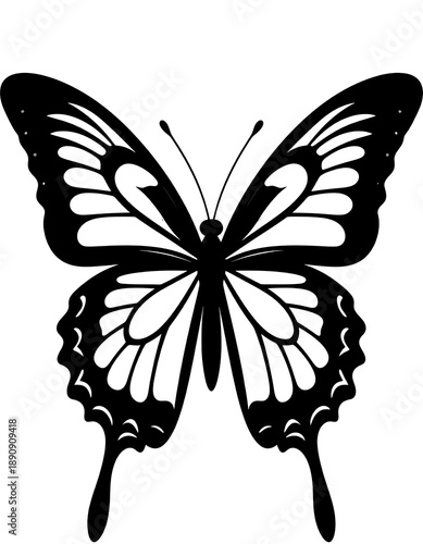 Butterfly illustration, black fill, white background, decorative wings with intricate patterns, symmetrical design