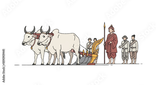 Group of Yoked Oxen and Ancient Warriors in Line Style yoked cattle line monochrome