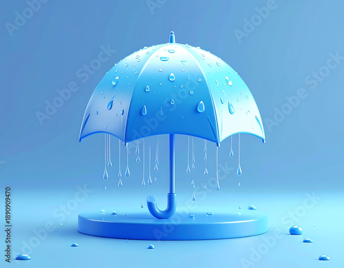 Blue umbrella sits on round platform with dripping water, clean background