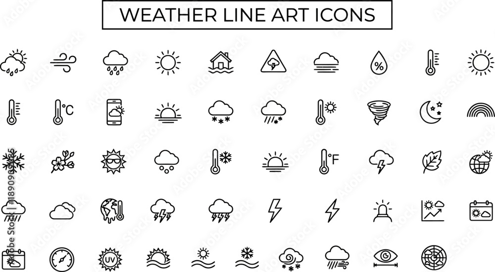 Εκτύπωση καμβά Weather and Climate Line Icons – Forecast Temperature Atmospheric Conditions