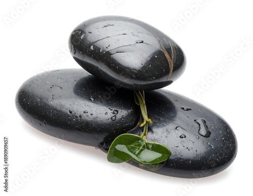 Three dark, smooth river rocks stacked with a green leaf accent. Wet, isolated on white
