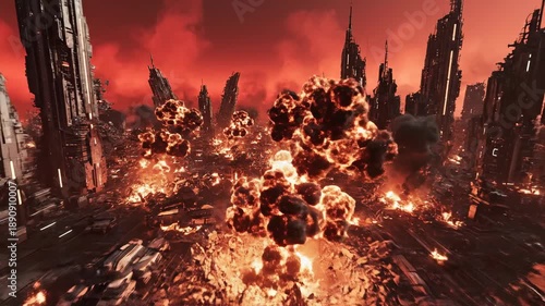 Sweeping aerial drone shot over a massive ruined futuristic city engulfed in smoky red haze and continuous powerful ground explosions energy discharge, high angle, disaster