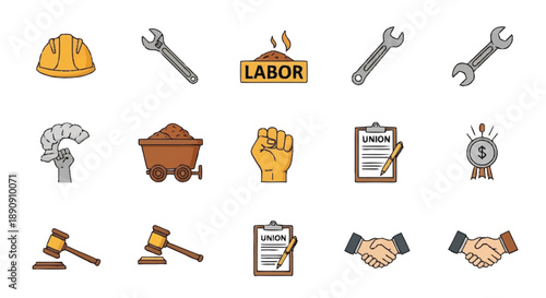 Flat Set Labor Union Tools and Workforce Symbols